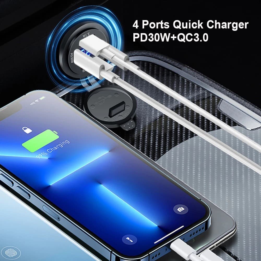 ใหม่ 60W ที่ชาร์จ USB 4 พอร์ต พร้อม LED โวลต์มิเตอร์ รองรับ Dual PD & Dual QC3.0 ชาร์จเร็ว กันน้ํา สําหรับรถยนต์ เรือ มอเตอร์ไซค์ 12/24V รูปที่ 3