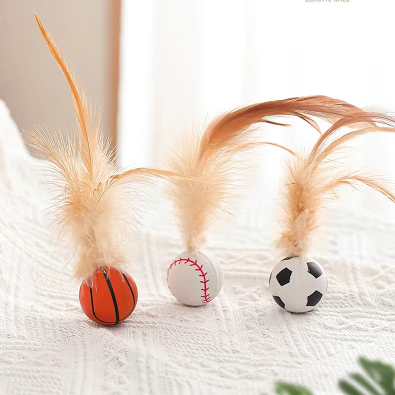 Cat Teaser Bouncy Ball with Feathers and Molar Fun Self-fun To บรรเทาความเบื่อหน่าย ของเล่นแมวที่น่าสนใจที่มีสีสันผลิตภัณฑ์สําหรับสัตว์เลี้ยง รูปที่ 6