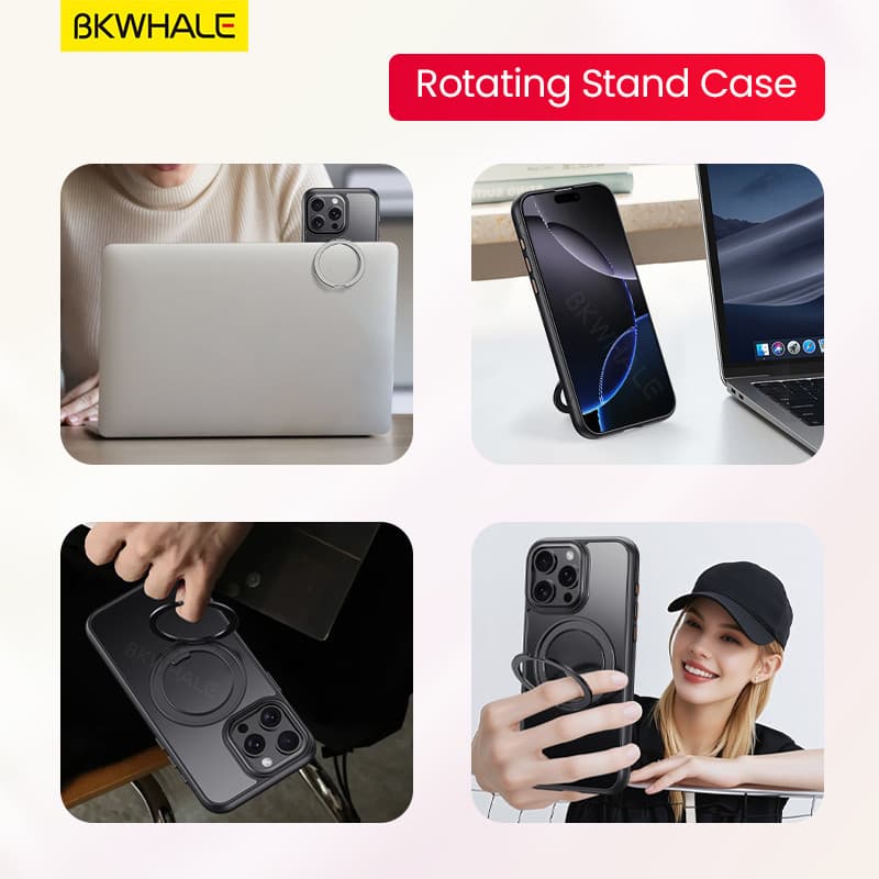 BKWHALE 360° หมุนได้แหวนแม่เหล็กสําหรับiPhone 17 Air 16 Pro Max 17e 16e 15 Pro Max 14 Pro Max 13 Pro Max 16 Plusพับวงเล็บโปร่งแสงปกหลังปลอกใส รูปที่ 8