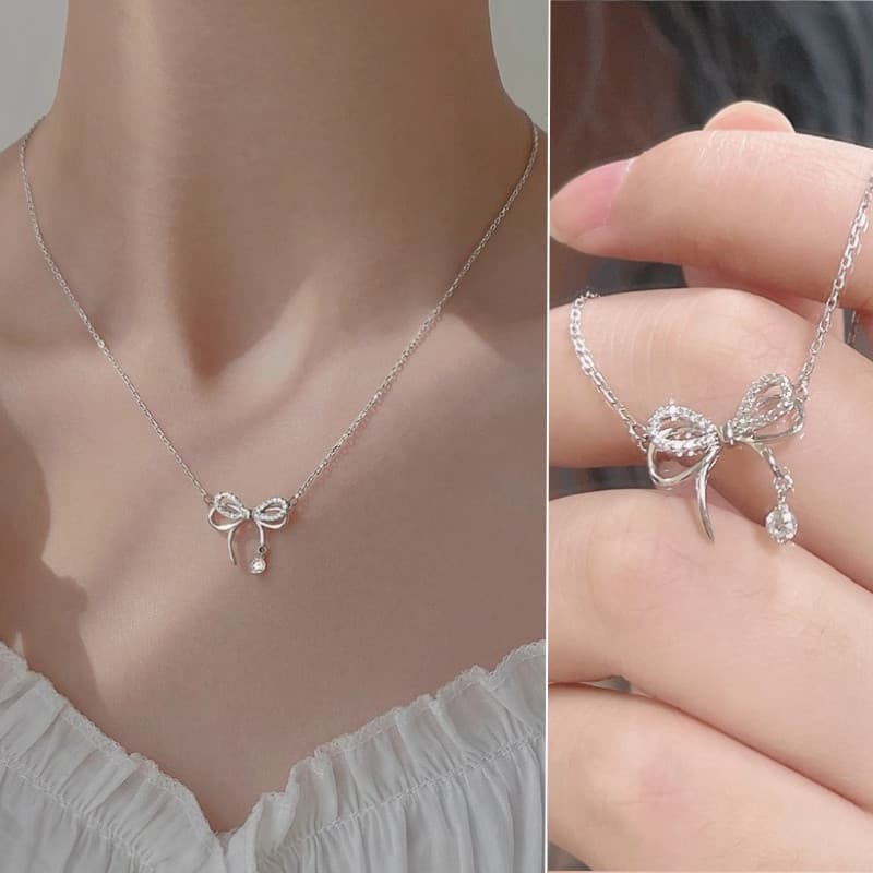 สร้อยคอโซ่ จี้โบว์ ประดับเพชรน่ารัก สร้อยแฟชั่นเรียบง่าย สไตล์เกาหลี สําหรับผู้หญิง