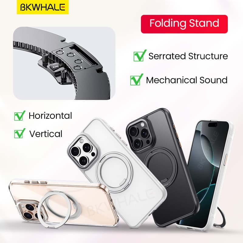 BKWHALE 360° หมุนได้แหวนแม่เหล็กสําหรับiPhone 17 Air 16 Pro Max 17e 16e 15 Pro Max 14 Pro Max 13 Pro Max 16 Plusพับวงเล็บโปร่งแสงปกหลังปลอกใส รูปที่ 5