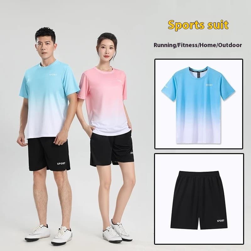 MANSTR M-5XL ฤดูร้อนใหม่ Unisex แห้งเร็วแฟชั่นไล่โทนสีพิมพ์กีฬากลางแจ้งชุดผ้าไหมน้ําแข็ง Dri-fit All-match เสื้อยืดและกางเกงขาสั้นสําหรับผู้ชายผู้หญิง รูปที่ 7