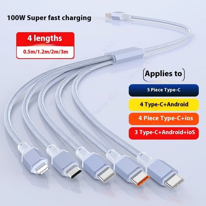 5-in-1 100W Super Fast ชาร์จไนลอนถักข้อมูล USB ถึง iOS/Android/Type C อลูมิเนียม 0.5 M/1.2 M/2 M Fast Charging Data Cable เหมาะสําหรับ iOS 15/16 รูปที่ 4