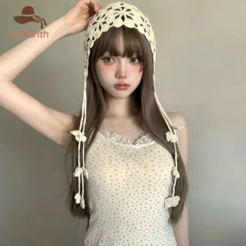 ส่งเร็วหมวกถักลายดอกไม้น่ารักฉลุลายสไตล์โบฮีเมียนสไตล์เกาหลีสําหรับผู้หญิงเหมาะแก่การถ่ายรูปในวันหย รูปที่ 2
