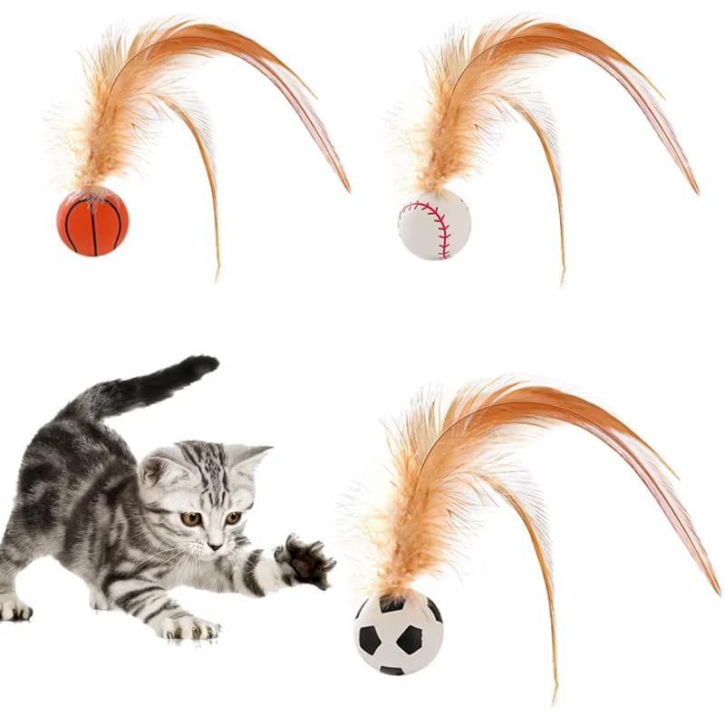 Cat Teaser Bouncy Ball with Feathers and Molar Fun Self-fun To บรรเทาความเบื่อหน่าย ของเล่นแมวที่น่าสนใจที่มีสีสันผลิตภัณฑ์สําหรับสัตว์เลี้ยง รูปที่ 3