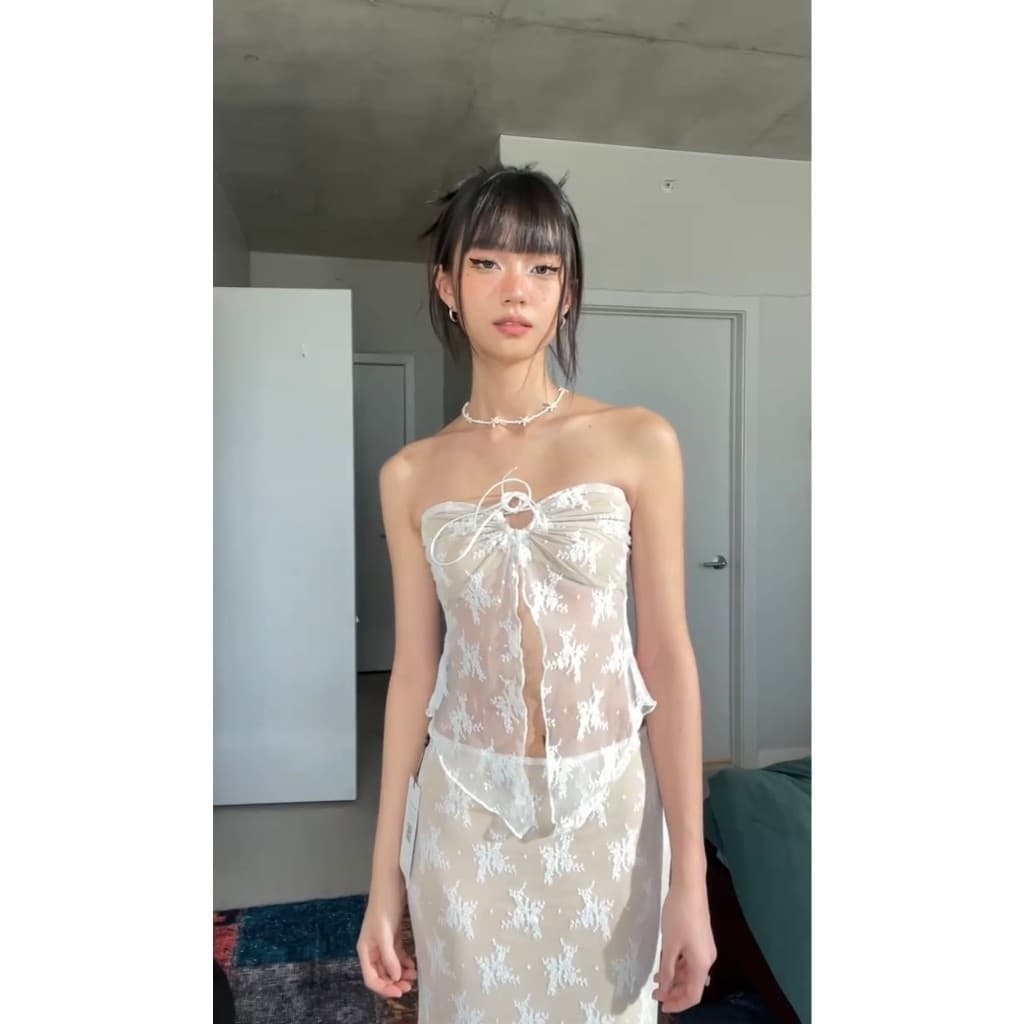 จากไทย ชุดเซตลูกไม้ซีทรู เซ็กซี่ เสื้อเกาะอก + กระโปรงยาว แฟชั่นฤดูร้อน ใส่เที่ยวทะเล รูปที่ 8