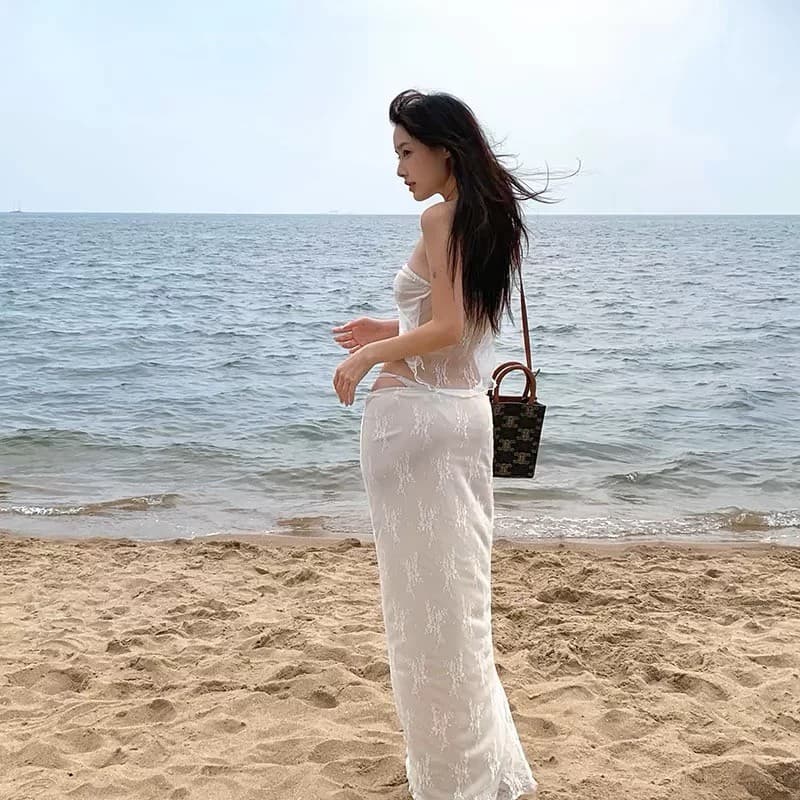 จากไทย ชุดเซตลูกไม้ซีทรู เซ็กซี่ เสื้อเกาะอก + กระโปรงยาว แฟชั่นฤดูร้อน ใส่เที่ยวทะเล รูปที่ 9