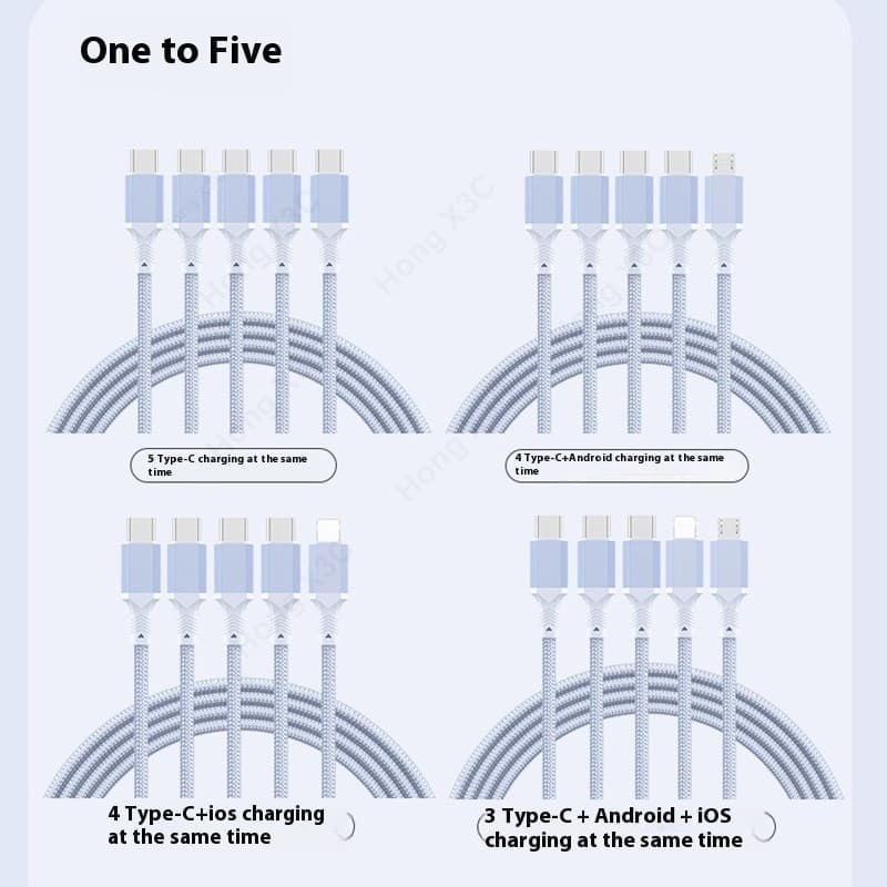5-in-1 100W Super Fast ชาร์จไนลอนถักข้อมูล USB ถึง iOS/Android/Type C อลูมิเนียม 0.5 M/1.2 M/2 M Fast Charging Data Cable เหมาะสําหรับ iOS 15/16 รูปที่ 8