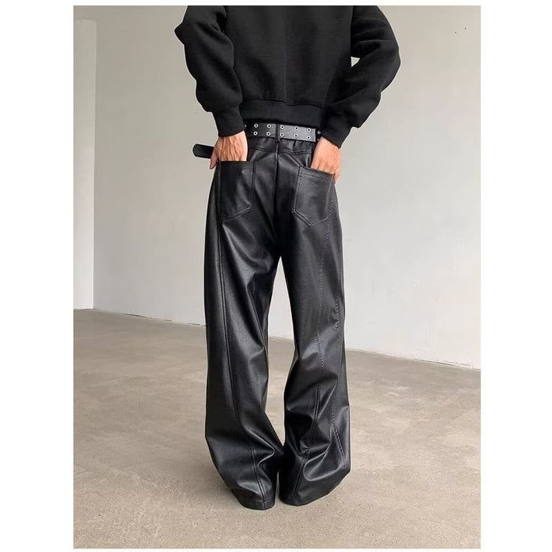 ASRV American High Street การตัดเย็บสามมิติผู้ชายสีดำกางเกงหนัง PU บานตรง รูปที่ 4