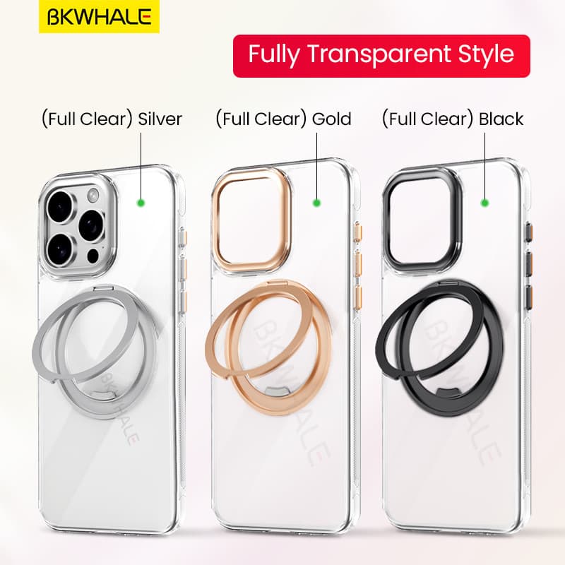 BKWHALE 360° หมุนได้แหวนแม่เหล็กสําหรับiPhone 17 Air 16 Pro Max 17e 16e 15 Pro Max 14 Pro Max 13 Pro Max 16 Plusพับวงเล็บโปร่งแสงปกหลังปลอกใส รูปที่ 6