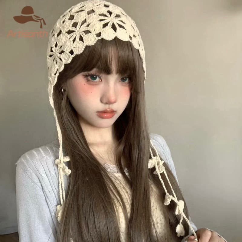 ส่งเร็วหมวกถักลายดอกไม้น่ารักฉลุลายสไตล์โบฮีเมียนสไตล์เกาหลีสําหรับผู้หญิงเหมาะแก่การถ่ายรูปในวันหย รูปที่ 1