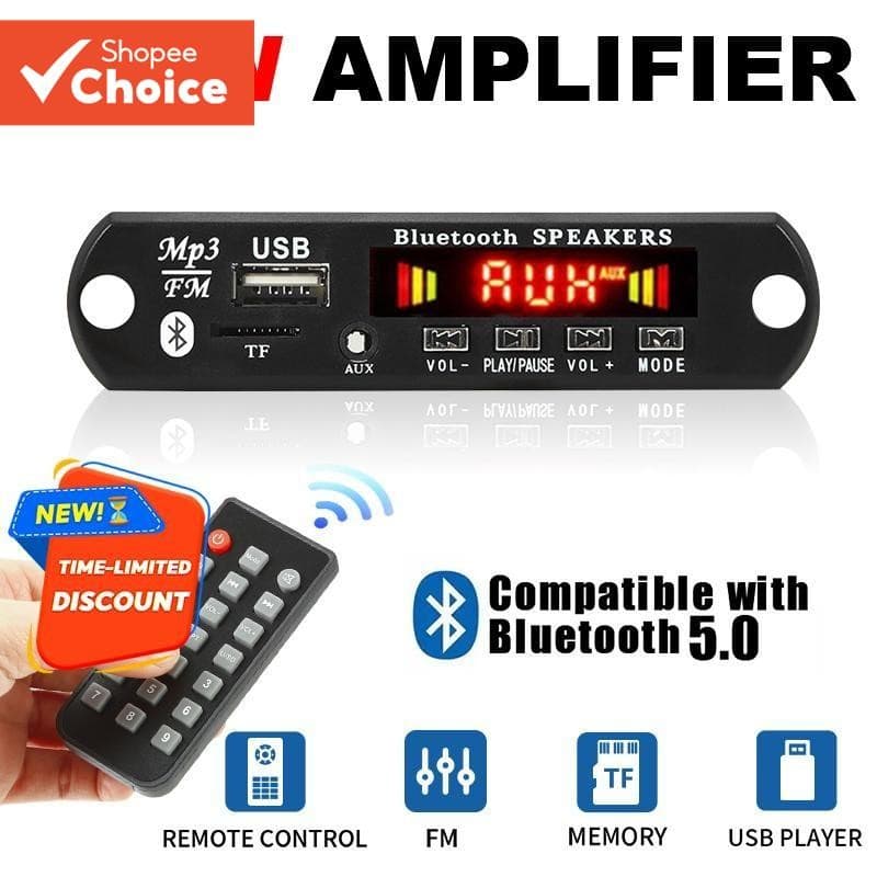 120W เครื่องขยายเสียงบลูทูธ 5.0 บอร์ดเครื่องเล่น 12V DIY MP3 เครื่องเล่นรถวิทยุ FM โมดูล TF USB Mic รูปที่ 1