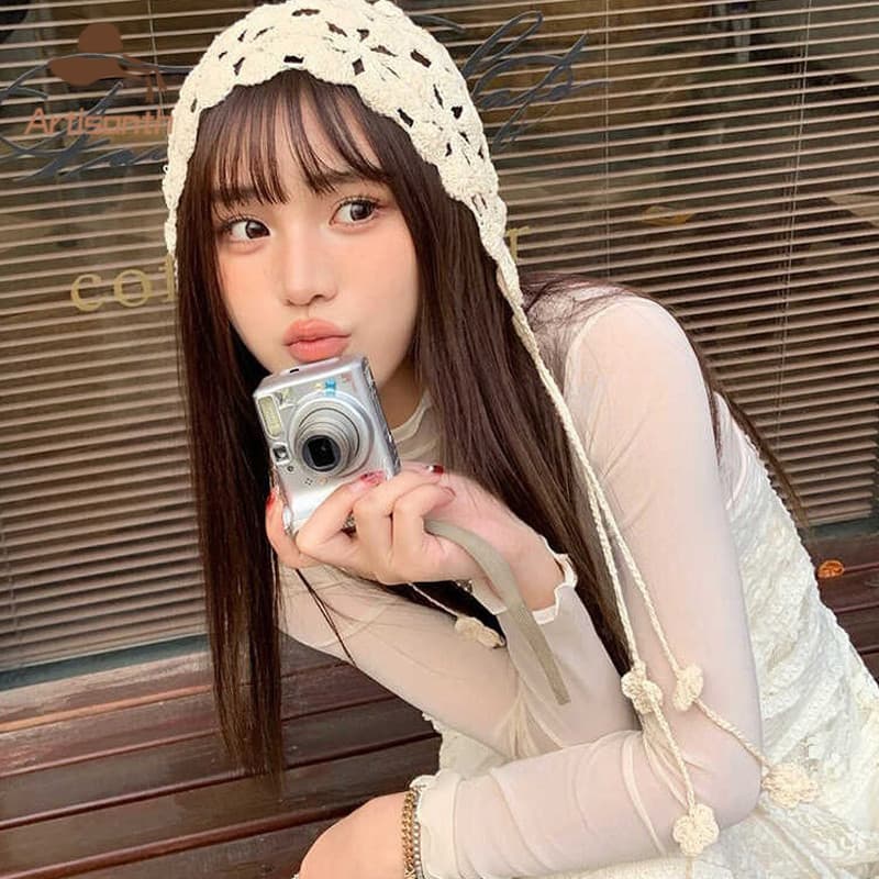 ส่งเร็วหมวกถักลายดอกไม้น่ารักฉลุลายสไตล์โบฮีเมียนสไตล์เกาหลีสําหรับผู้หญิงเหมาะแก่การถ่ายรูปในวันหย รูปที่ 4