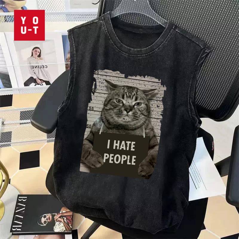 Y-T ! เสื้อแขนกุดoversize-เสื้อกั๊กแขนกุดชาย พิมพ์ "I HATE PEOPLE" ผ้าฝ้าย100% ทรงหลวม แนวสตรีท คุณภาพสูง รูปที่ 1