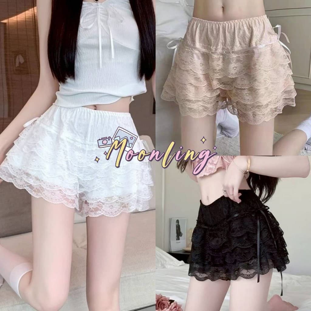 Moonling จากไทย กางเกงขาสั้น เงสม๊อคยืด สีพื้น น่ารัก ดีเทลลูกไม้ แต่งชั้นๆ *KK1158* รูปที่ 9