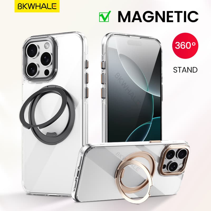 BKWHALE 360° หมุนได้แหวนแม่เหล็กสําหรับiPhone 17 Air 16 Pro Max 17e 16e 15 Pro Max 14 Pro Max 13 Pro Max 16 Plusพับวงเล็บโปร่งแสงปกหลังปลอกใส รูปที่ 1