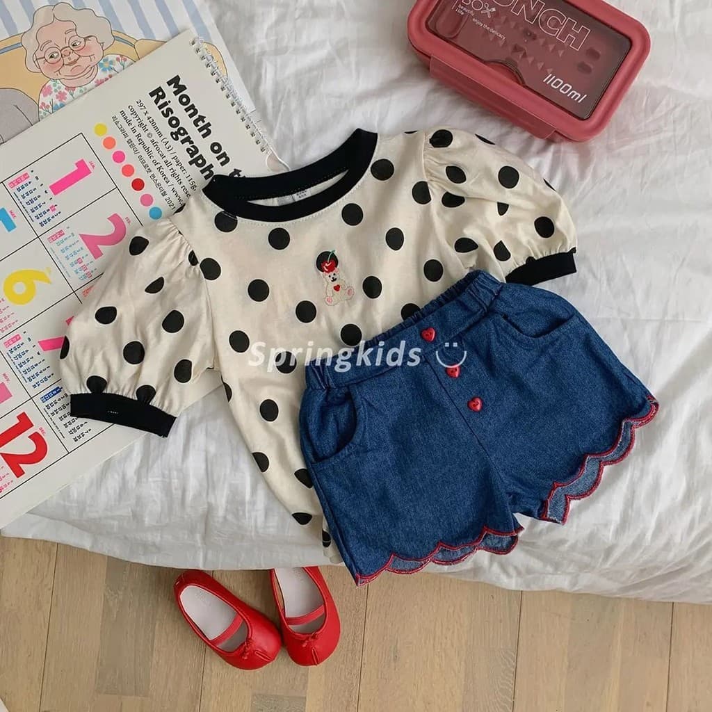 ฤดูร้อน เสื้อยืดแขนสั้นลายจุดน่ารักใหม่สำหรับเด็กผู้หญิง เสื้อสไตล์เจ้าหญิงลายหมีปักลายสำหรับเด็กเล็กและเด็กหญิง รูปที่ 2