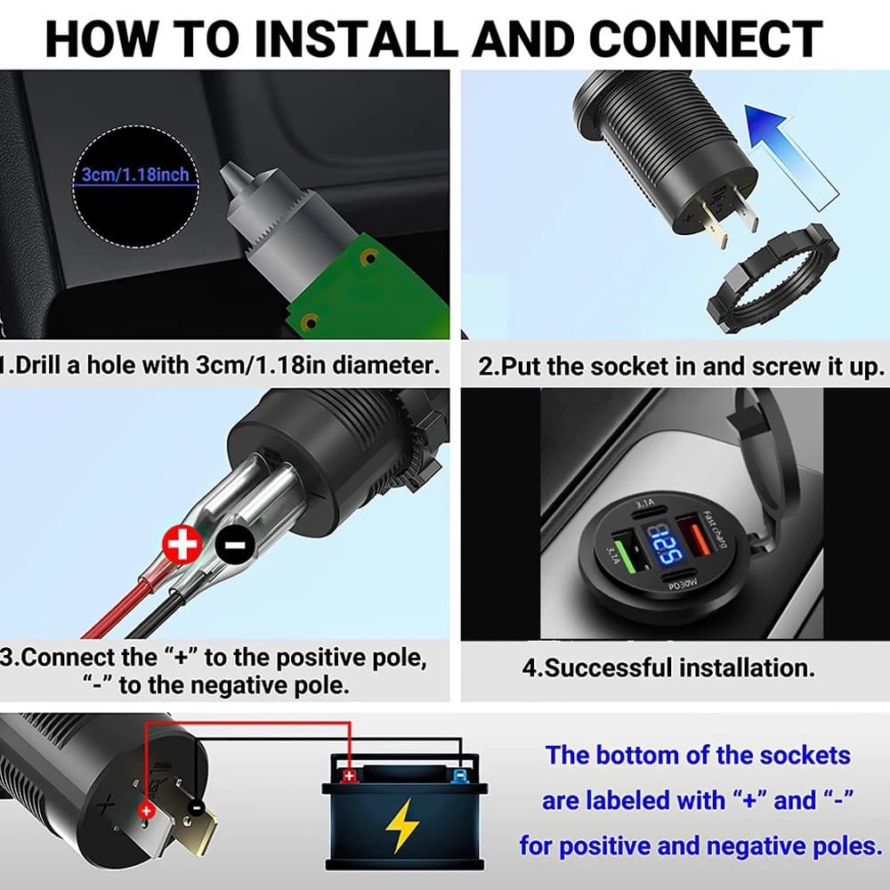 ใหม่ 60W ที่ชาร์จ USB 4 พอร์ต พร้อม LED โวลต์มิเตอร์ รองรับ Dual PD & Dual QC3.0 ชาร์จเร็ว กันน้ํา สําหรับรถยนต์ เรือ มอเตอร์ไซค์ 12/24V รูปที่ 8