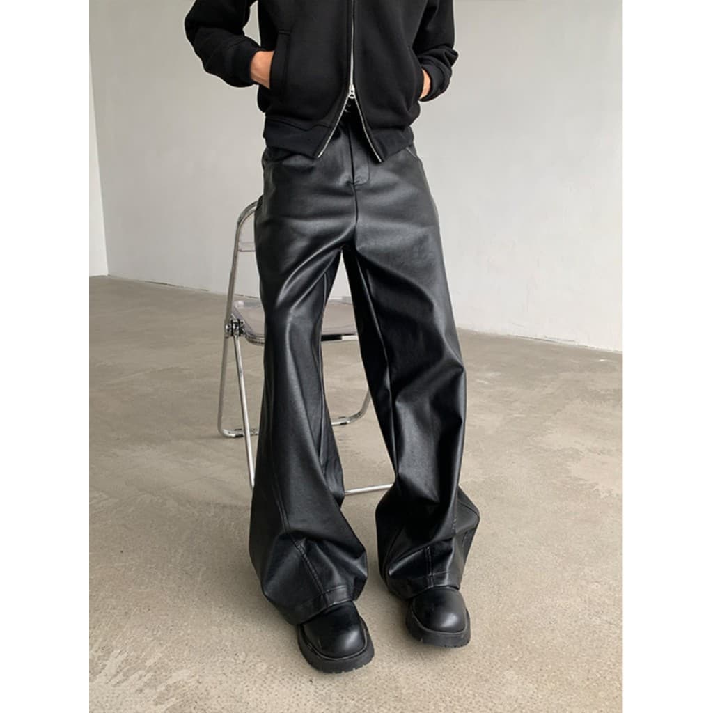 ASRV American High Street การตัดเย็บสามมิติผู้ชายสีดำกางเกงหนัง PU บานตรง รูปที่ 2