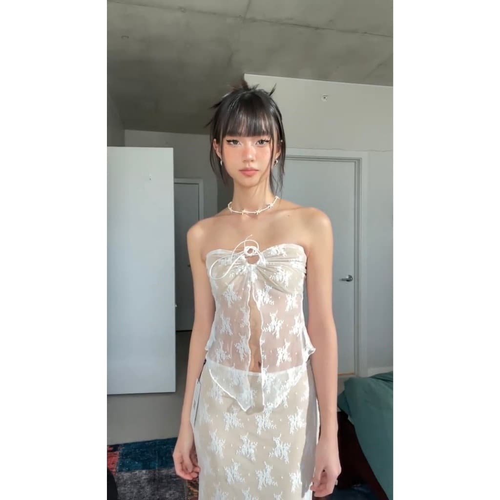 จากไทย ชุดเซตลูกไม้ซีทรู เซ็กซี่ เสื้อเกาะอก + กระโปรงยาว แฟชั่นฤดูร้อน ใส่เที่ยวทะเล รูปที่ 7