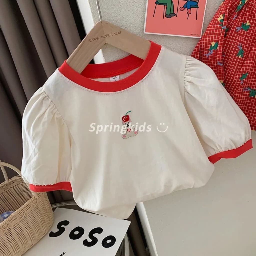 ฤดูร้อน เสื้อยืดแขนสั้นลายจุดน่ารักใหม่สำหรับเด็กผู้หญิง เสื้อสไตล์เจ้าหญิงลายหมีปักลายสำหรับเด็กเล็กและเด็กหญิง รูปที่ 6