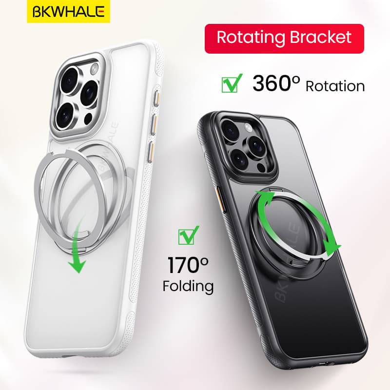 BKWHALE 360° หมุนได้แหวนแม่เหล็กสําหรับiPhone 17 Air 16 Pro Max 17e 16e 15 Pro Max 14 Pro Max 13 Pro Max 16 Plusพับวงเล็บโปร่งแสงปกหลังปลอกใส รูปที่ 4