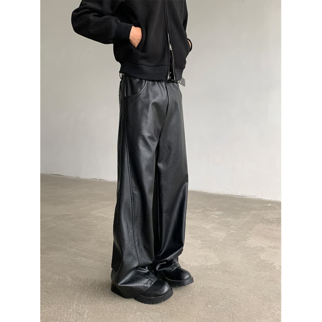 ASRV American High Street การตัดเย็บสามมิติผู้ชายสีดำกางเกงหนัง PU บานตรง รูปที่ 1