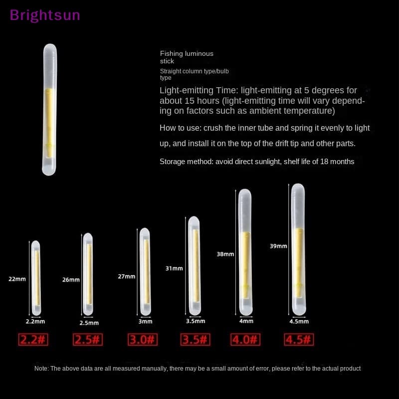 Brightsun ใหม่ แท่งไฟเรืองแสงในที่มืด 2.2-4.5 มม. สําหรับตกปลากลางคืน 50 ชิ้น ต่อล็อต รูปที่ 3
