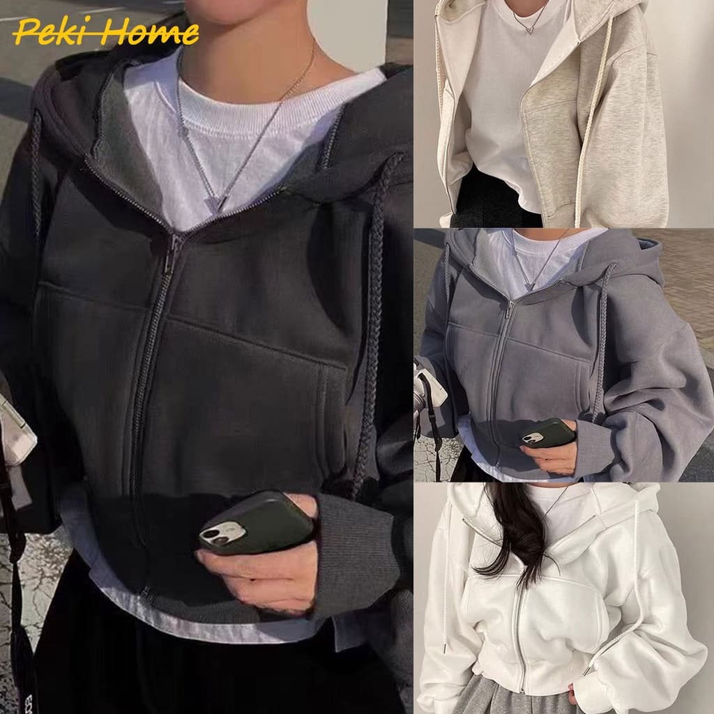 เสื้อครอปกันหนาว มีฮู้ด แต่งซิปหน้า สีพื้น สําหรับผู้หญิง รูปที่ 1