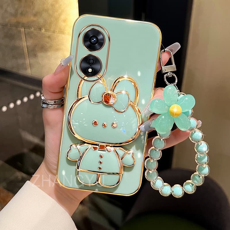 ปลอก OPPO A17 A18 A60 A98 A38 A78 A58 เคสโทรศัพท์ TPU 3D กระต่ายสเตอริโอขาตั้ง Ultra Thin Electroplated Soft Case Shock Protection Case พร้อมสร้อยข้อมือ รูปที่ 1