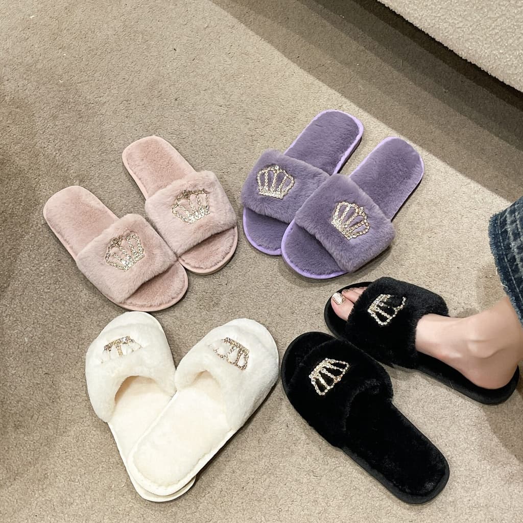 สินค้าใหม่ รองเท้าแตะผ้าขน รองเท้าแตะใส่ในบ้าน ขนนุ่มนิ่มใส่สบาย แต่งมงกุฎเพชร รูปที่ 2