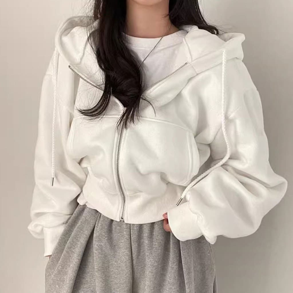 เสื้อครอปกันหนาว มีฮู้ด แต่งซิปหน้า สีพื้น สําหรับผู้หญิง รูปที่ 6