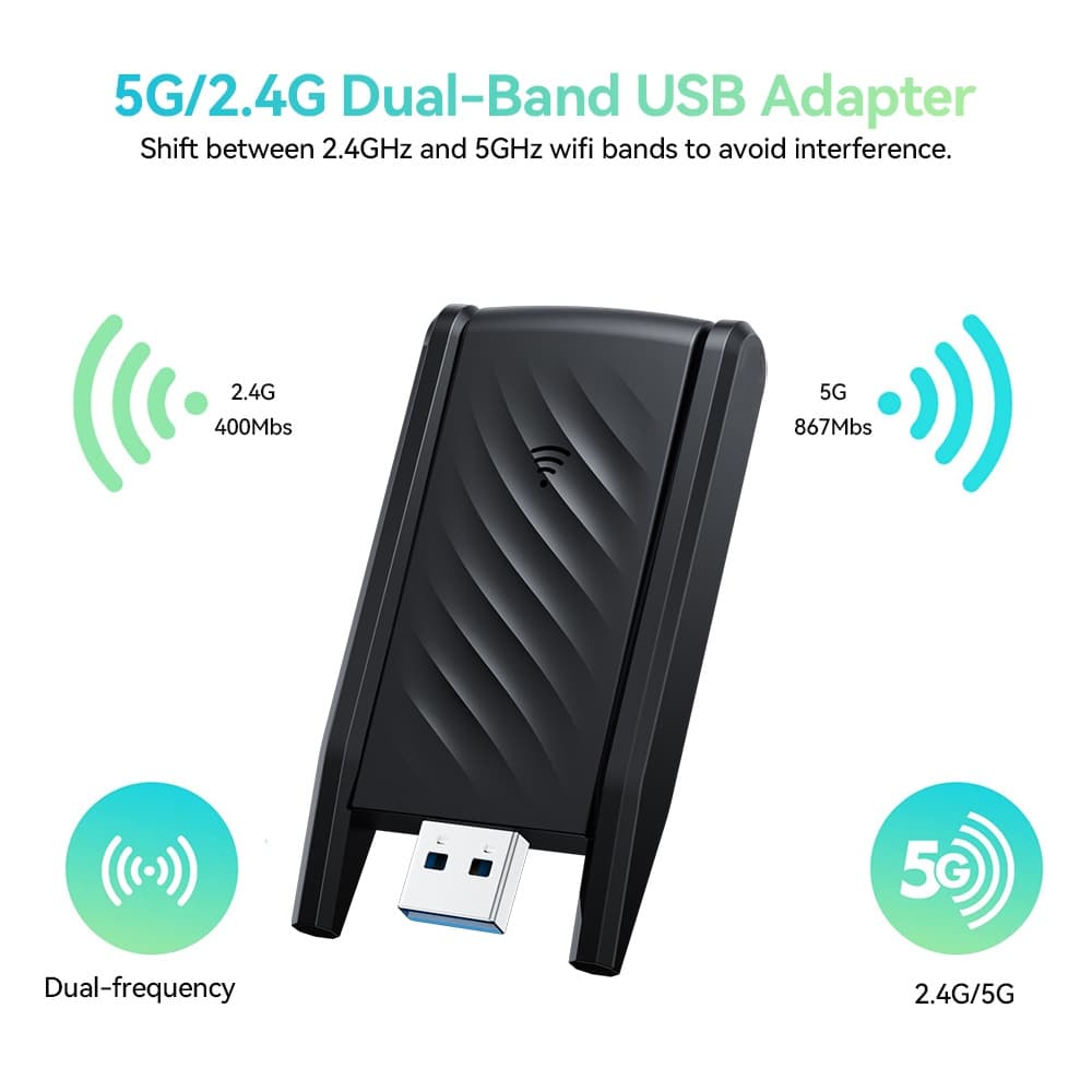 GOOJODOQ อะแดปเตอร์ WIFI AC1300 USB3.0 ไร้สาย Dual Band 2.4 Ghz + 5 Ghz สําหรับแล็ปท็อปพีซีเดสก์ท็อป รูปที่ 2