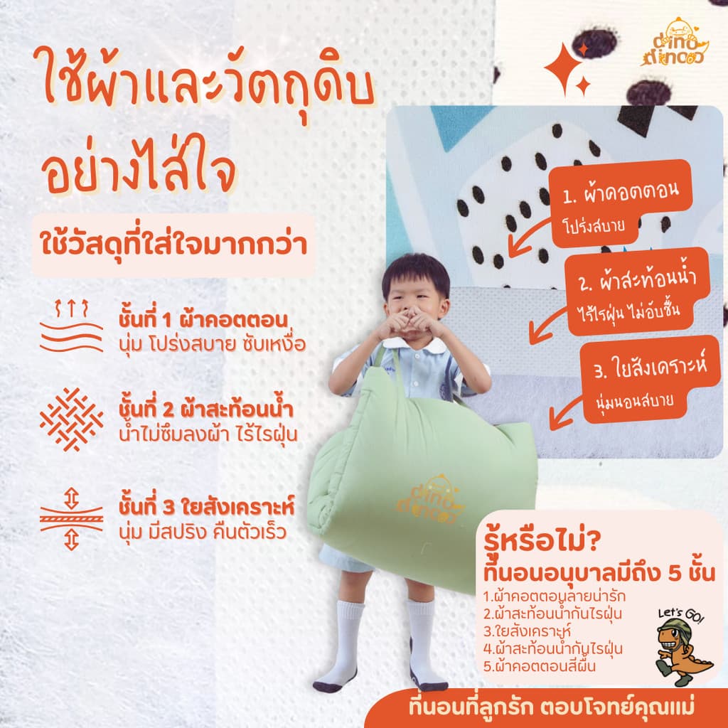 ที่นอนเด็กอนุบาล รุ่น ใหญ่พิเศษ ผ้า DinoSoft คอตตอน คลิปล็อค 85X130x5 cm เบาะนอนเด็ก DINODINOO รูปที่ 7