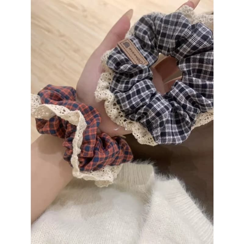 หวานคลาสสิกลายสก๊อตลูกไม้หางม้าหัวเชือก ยางรัดผม ผูก เครื่องประดับผม รูปที่ 8