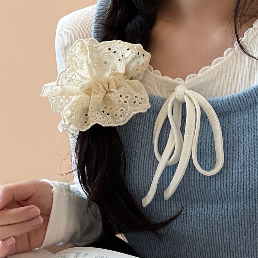 ผู้หญิงสีขาวสีฟ้าสีชมพูผ้าฝ้ายลูกไม้ Fairy Priness เชือกผมหางม้า Scrunchies ผมผูก รูปที่ 7