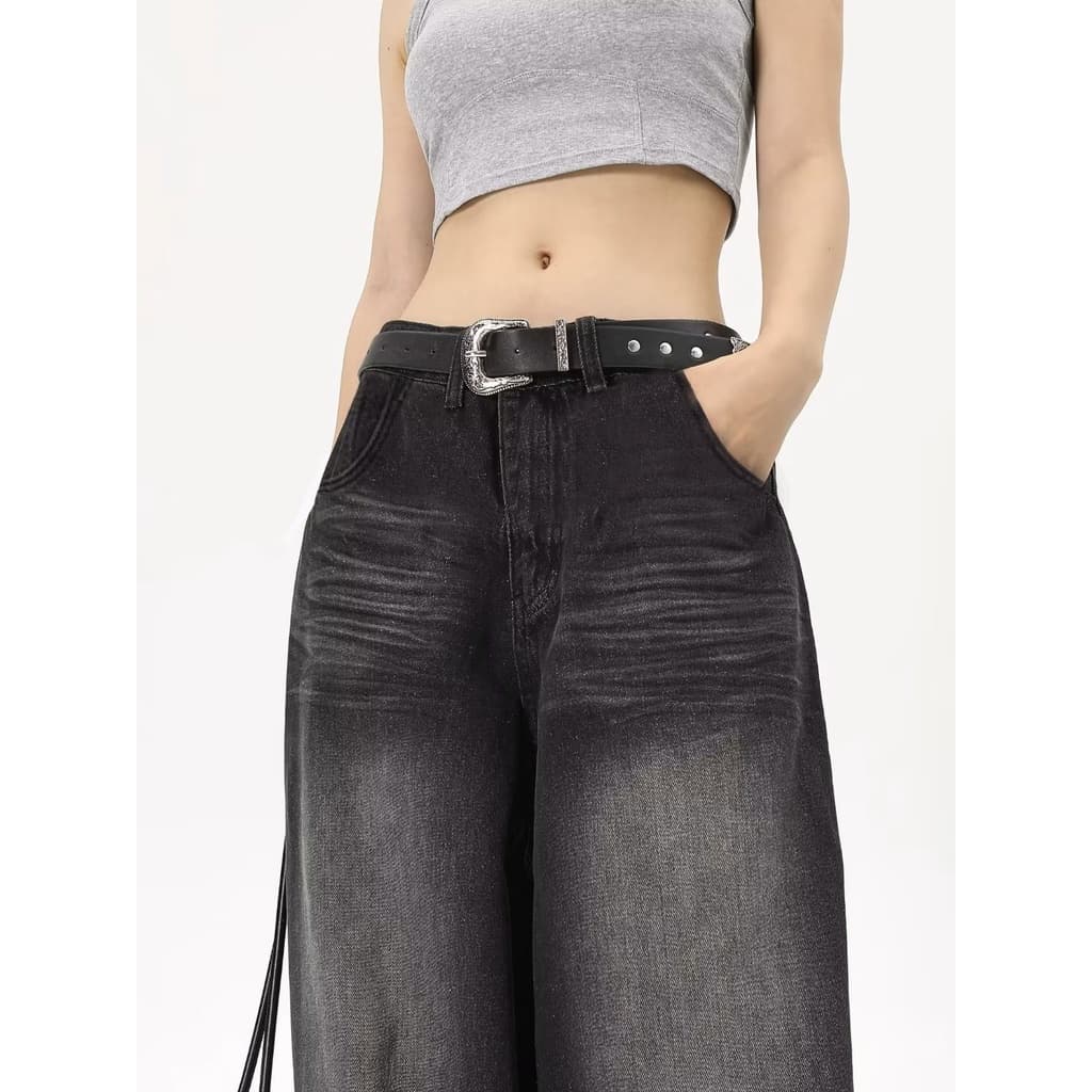 DaDuHey Women New American Style High Street Retro Jeans Straight Loose Fashion Brand Wide-Legged Casual Mop Long Pants รูปที่ 4