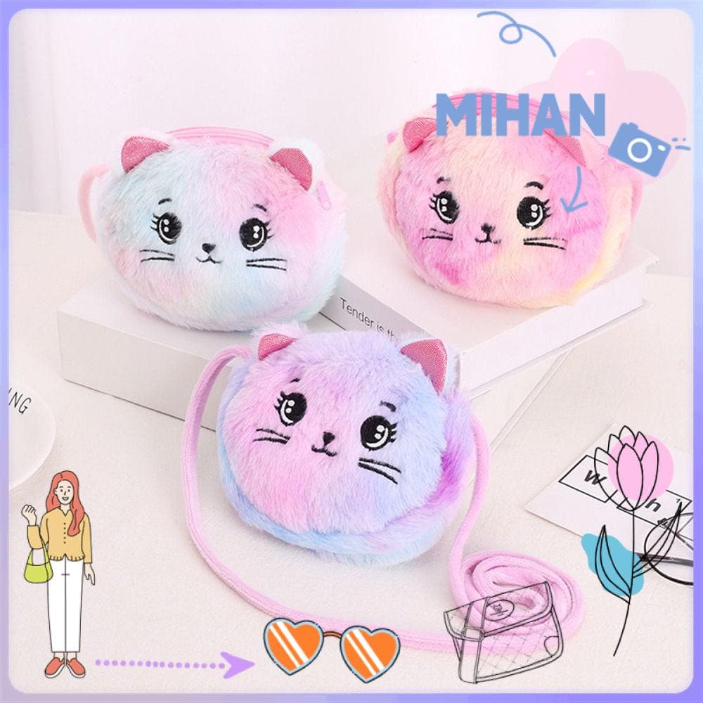 Mh กระเป๋าสะพายไหล่ กระเป๋าถือ แบบนิ่ม ลายแมวน่ารัก สีรุ้ง สําหรับเด็ก รูปที่ 1