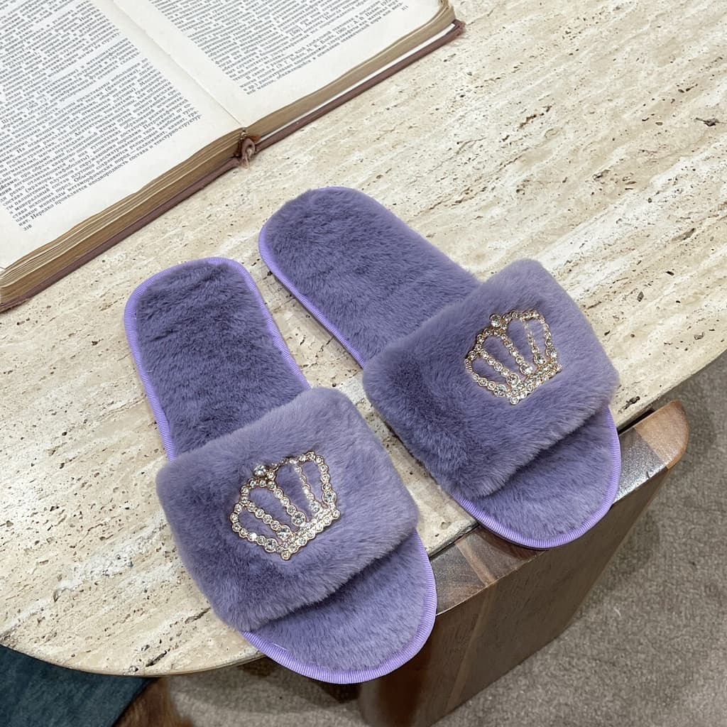 สินค้าใหม่ รองเท้าแตะผ้าขน รองเท้าแตะใส่ในบ้าน ขนนุ่มนิ่มใส่สบาย แต่งมงกุฎเพชร รูปที่ 4