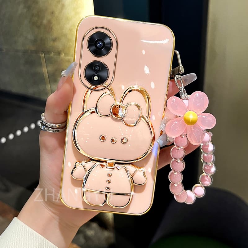 ปลอก OPPO A17 A18 A60 A98 A38 A78 A58 เคสโทรศัพท์ TPU 3D กระต่ายสเตอริโอขาตั้ง Ultra Thin Electroplated Soft Case Shock Protection Case พร้อมสร้อยข้อมือ รูปที่ 3