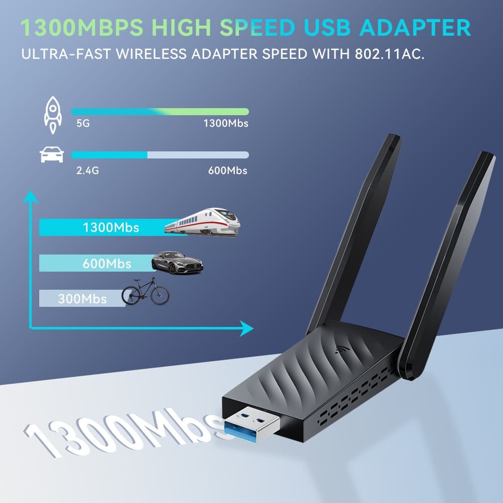 GOOJODOQ อะแดปเตอร์ WIFI AC1300 USB3.0 ไร้สาย Dual Band 2.4 Ghz + 5 Ghz สําหรับแล็ปท็อปพีซีเดสก์ท็อป รูปที่ 4