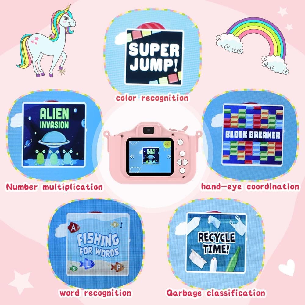 กล ้ องเด ็ ก , 1080P กล ้ องดิจิตอลสําหรับเด ็ กพร ้ อมการ ์ ด TF 32GB , ฝาครอบกล ้ องUnicorn/HD วิดีโอ / 5 เกมการศึกษา/8x Zoom/46 กรอบรูปและตัวกรอง , ของขวัญสําหรับเด ็ กผู ้ หญิงอายุ 3-8 ( สีชมพู รูปที่ 3