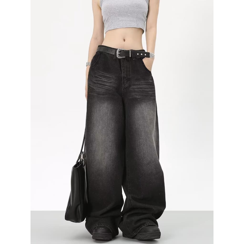DaDuHey Women New American Style High Street Retro Jeans Straight Loose Fashion Brand Wide-Legged Casual Mop Long Pants รูปที่ 1