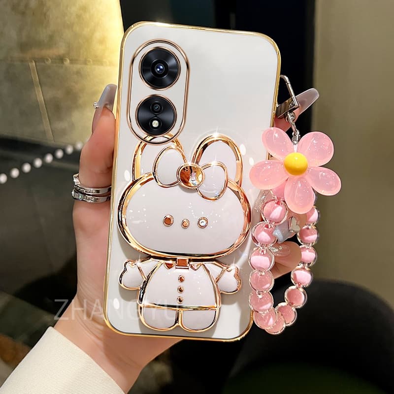 ปลอก OPPO A17 A18 A60 A98 A38 A78 A58 เคสโทรศัพท์ TPU 3D กระต่ายสเตอริโอขาตั้ง Ultra Thin Electroplated Soft Case Shock Protection Case พร้อมสร้อยข้อมือ รูปที่ 5