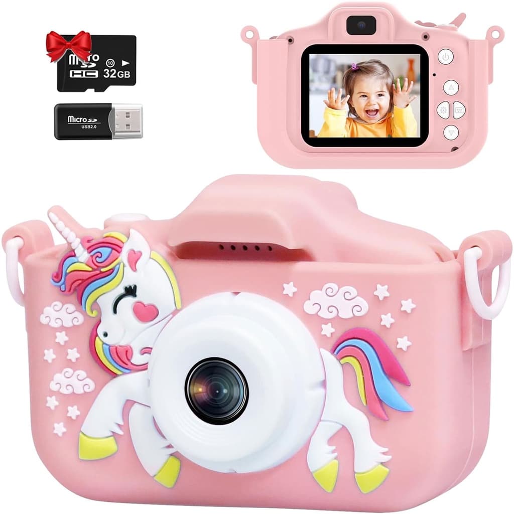 กล ้ องเด ็ ก , 1080P กล ้ องดิจิตอลสําหรับเด ็ กพร ้ อมการ ์ ด TF 32GB , ฝาครอบกล ้ องUnicorn/HD วิดีโอ / 5 เกมการศึกษา/8x Zoom/46 กรอบรูปและตัวกรอง , ของขวัญสําหรับเด ็ กผู ้ หญิงอายุ 3-8 ( สีชมพู
