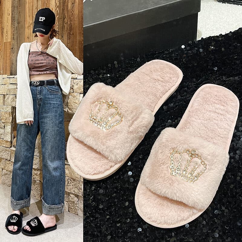 สินค้าใหม่ รองเท้าแตะผ้าขน รองเท้าแตะใส่ในบ้าน ขนนุ่มนิ่มใส่สบาย แต่งมงกุฎเพชร รูปที่ 7
