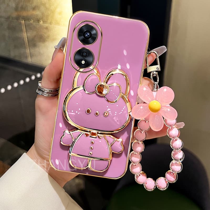 ปลอก OPPO A17 A18 A60 A98 A38 A78 A58 เคสโทรศัพท์ TPU 3D กระต่ายสเตอริโอขาตั้ง Ultra Thin Electroplated Soft Case Shock Protection Case พร้อมสร้อยข้อมือ รูปที่ 4