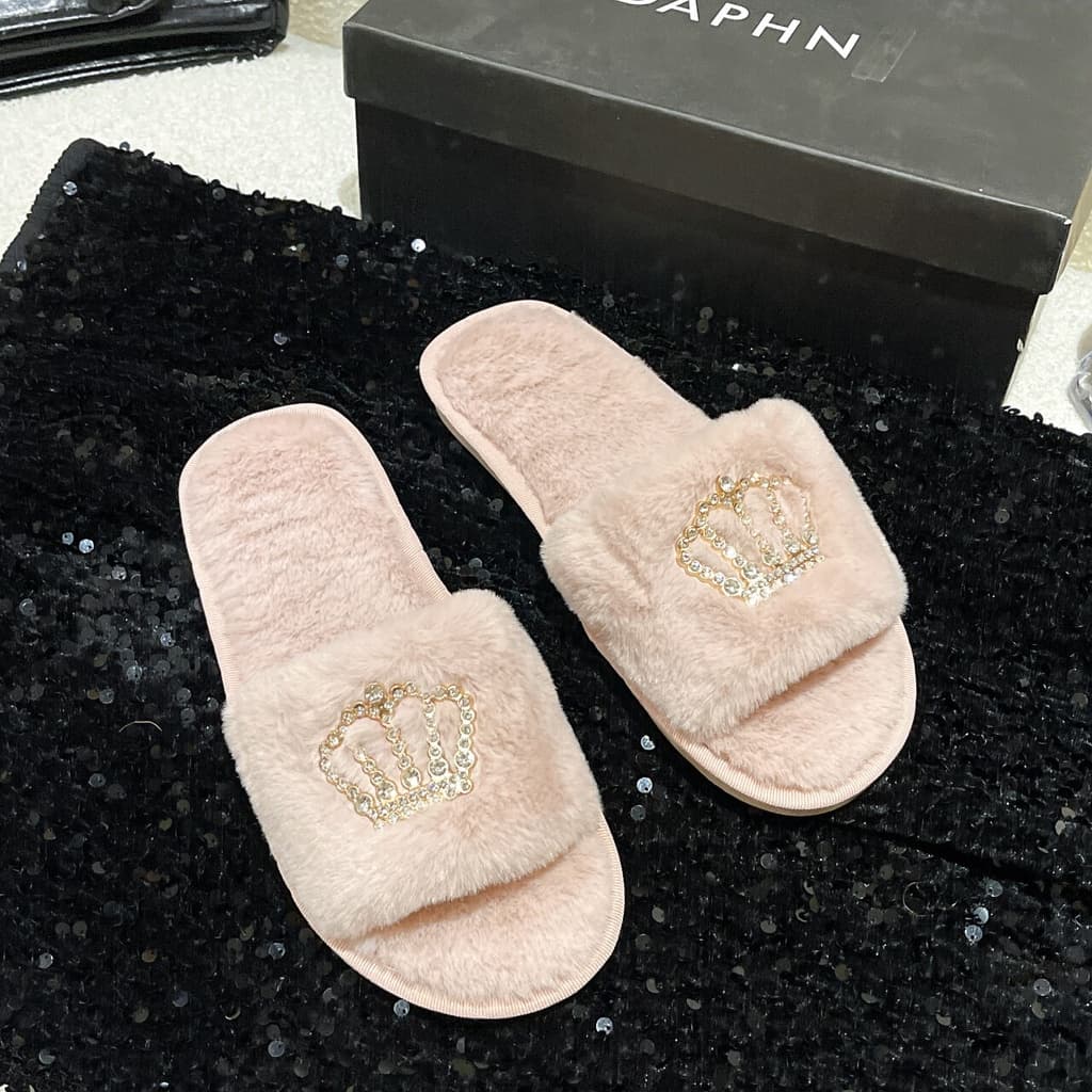 สินค้าใหม่ รองเท้าแตะผ้าขน รองเท้าแตะใส่ในบ้าน ขนนุ่มนิ่มใส่สบาย แต่งมงกุฎเพชร รูปที่ 6