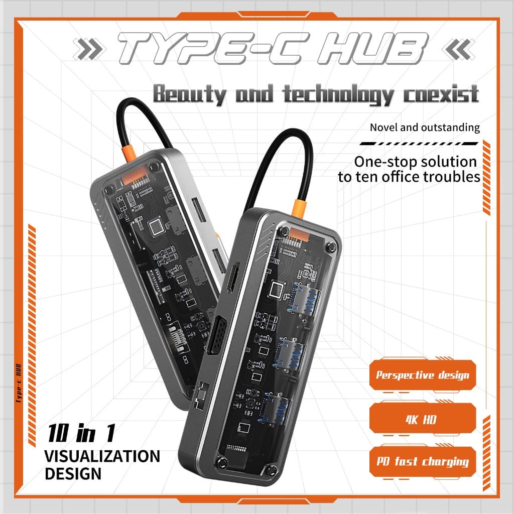 GOOJODOQ ฮับ USB C 10 8 6 5 in 1 แบบใส สําหรับโน้ตบุ๊ก การ์ดรีดเดอร์ VGA HDMI RJ45 PD 3.0 TF SD รูปที่ 2