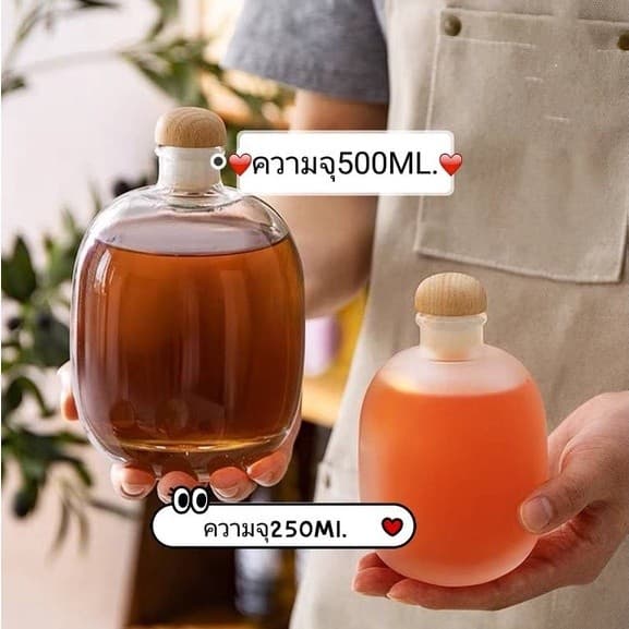 ขวดแก้ว ขวดน้ำเปล่าไวน์อัดลม มี 2 ขนาดให้เลือกช็อป สีขุ่นและสีใส มีฝาไม้ปิดสนิท รูปที่ 1